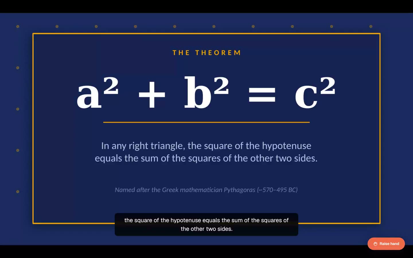 A LessonDecode lesson slide on the Pythagorean theorem, with narration captions along the bottom.